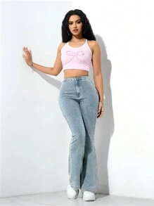 SHEIN Privé Casual Denim Long Pants, Flared Jeans, Simple & Fashionable For Daily Wear - Light Wash - View 3