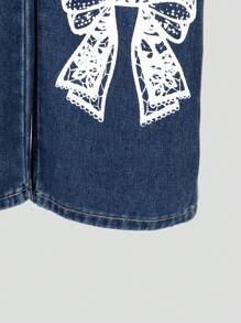 SHEIN Jeans anchos y sueltos lavados con estampado de lazo azul y blanco vintage desgastados para niñas preadolescentes - Azul lavado oscuro - Ver 6