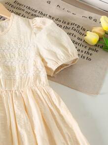 Tween Girl Elegant Round Neck Ruffled Short Sleeve High Waist Loose Solid Color Lace Hem Midi Dress - Beige - View 6