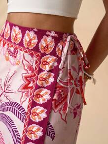 SHEIN TRVLCHIC Váy midi buộc dây phía trước in họa tiết nhiệt đới cho nữ, phong cách đi nghỉ - Hồng - Xem 5