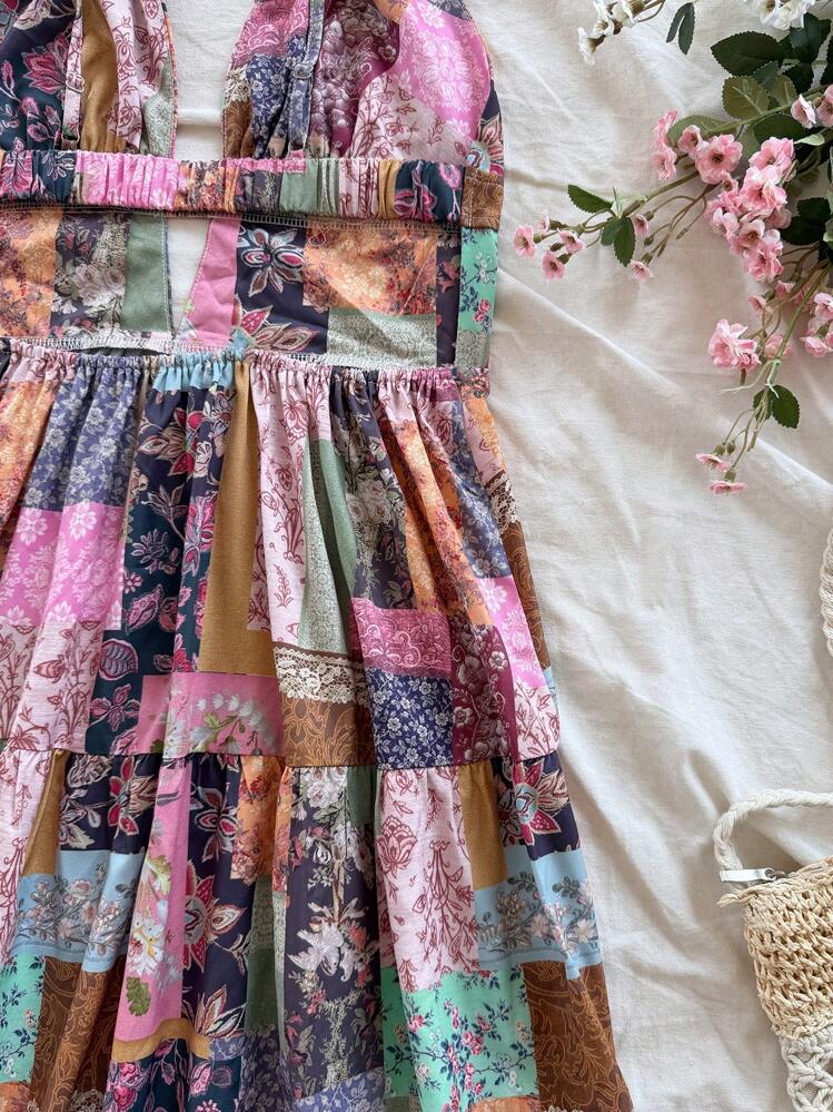 Soleia Vestido de mujer con tirantes finos, cuello en V, espalda descubierta y largo hasta la pantorrilla para vacaciones, con estampado folclórico vintage de retazos de colores, atuendo de verano - Multicolor - Añade 7