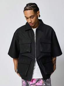 ROMWE MEN Street Life Men's Cargo Pocket Solid Color Short Sleeve Utility Vented Zip-Up Collar Shirt