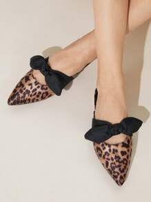 CUCCOO CHICEST Mocasines planos con puntera puntiaguda, estampado de leopardo y decoración de lazo, estilo dulce para damas