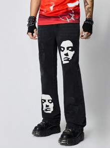 ROMWE MEN Street Life Men's Grunge Punk Casual Face Graphic Print Straight Leg Jeans - Black - View 1