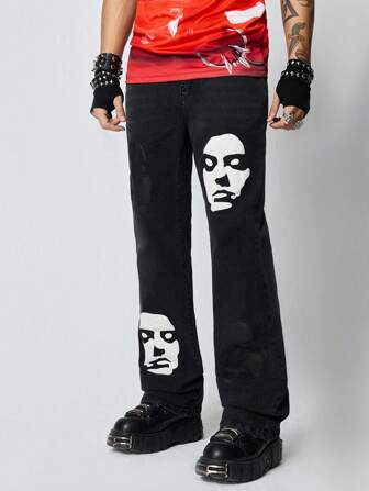Grunge Punk Jeans casual da uomo a gamba dritta con stampa grafica sul viso