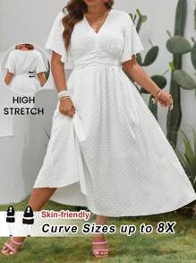 SHEIN CURVE+ Plus Size Women's Elegant Holiday Textured Polka Dot Butterfly Sleeve White Dress Boho Vacation - White - View 1