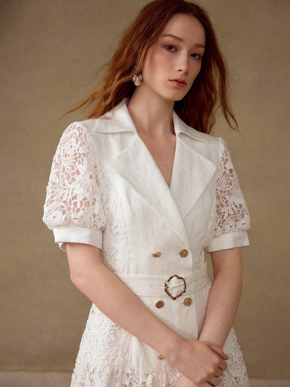 100% LINEN CONTRAST LACE SHORT SLEEVE DOUBLE BREASTED BLAZER DRESS, SUMMER WHITE DRESS