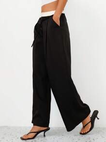 Femmeiva Pantalon ample décontracté à jambes larges et longueur extra-longue, avec plis et nœud à la taille. Design simple et élégant en couleur contrastée, polyvalent pour les déplacements - Noir - Voir 3