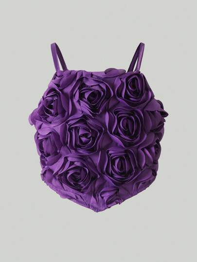 SHEIN 少女优雅3D玫瑰装饰吊带正式上衣，适合公主派对、婚礼、薰衣草色、假日、夏季、旅行