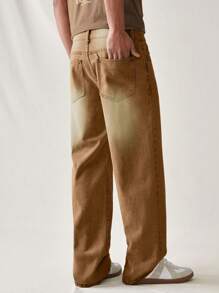 Chillumni Jeans casuales de ajuste holgado y oversize con bloqueo de color vintage para hombres - Caqui - Ver 2