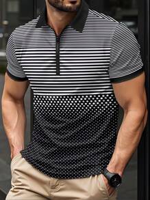 Manfinity Homme 男士条纹短袖休闲通勤 Polo 衫男士高尔夫衬衫 - 黑與白 - 查看 1
