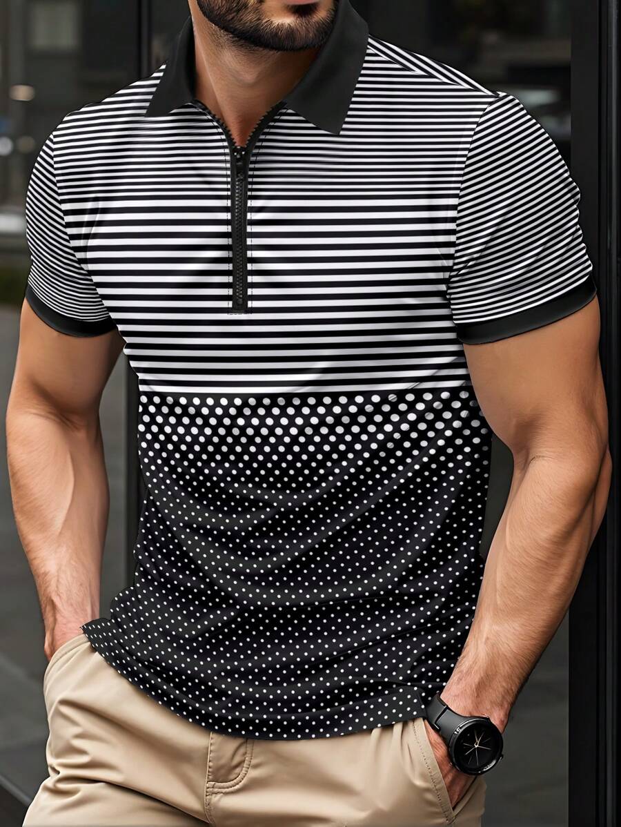 Manfinity Homme 男士条纹短袖休闲通勤 Polo 衫男士高尔夫衬衫 - 黑與白 - 查看 1