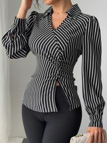 Elenzga 2024 年新款女士性感 V 领褶皱腰设计衬衫 - 黑色 - 查看 6