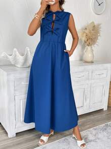 SHEIN LUNE Women's Royal Blue Long Casual Dress With Bowknot,Summer Tropical Vacation Holiday Tea Party Outfit,Boho Spring Break Outfits For Women - Blue - View 5