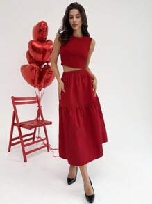 SHEIN Privé 节日新款浪漫优雅情人节简约百搭红色针织无袖上衣和高腰荷叶边下摆短裙套装，情人节现代时尚复古别致装 - 紅色 - 查看 7