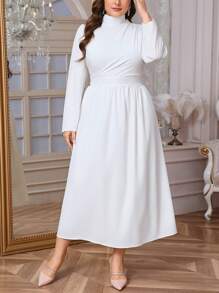 SHEIN Privé 大码女式优雅日常简约精致浪漫迷人通勤鸡尾酒会约会荷叶边泡泡袖收腰喇叭下摆长连衣裙，白色，春/秋 - 白色 - 查看 8