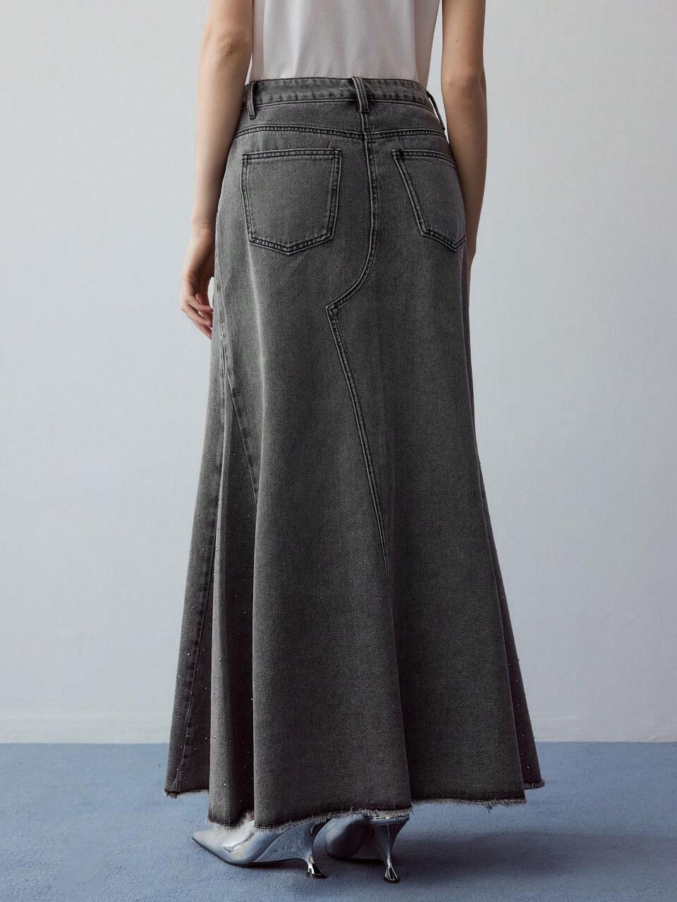 MOTF STUDIO RHINESTONE DETAIL BIAS CUT DENIM SKIRT