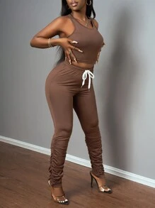 Slaydiva 夏季新款基础款休闲运动街头露背背心和系腰裤女款 2 件套服装 - 棕色 - 查看 6