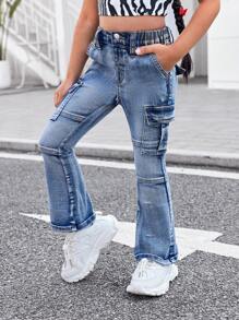 SHEIN 年轻女孩蓝色牛仔弹力紧身喇叭裤 - 淺色水洗藍 - 查看 5