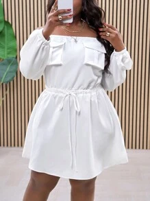Slaydiva Vestido casual de playa blanco todo a juego de talla grande con hombros descubiertos, cintura, línea A, bolsillos, adecuado para primavera/verano, versátil para uso diario - Blanco - Ver 3