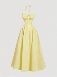 MOD Vestido con estampado de limón, tirantes con lazo y espalda descubierta - Amarillo - Ver 3