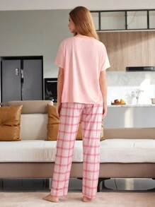 女士休闲圆领短袖上衣和长裤家居服套装 - 彩色 - 查看 2