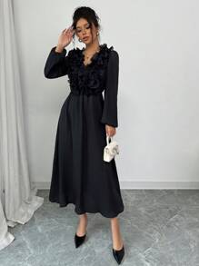 Elenzga Casual Romantic Boho Style Textured Ruffle Trim Women Long Sleeve Midi Dress, Chiffon Fabric' Fall Cloth For Women - Black - View 3