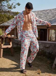Manfinity ChillVibe Men's Floral Print Long Sleeve Top And Pants Pajama Set - Red and White - View 3
