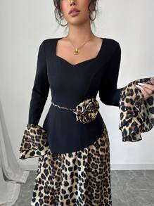 Modelyn Women's Woven Contrast Paneled Leopard Print Cinched Waist Dress - Black - View 5