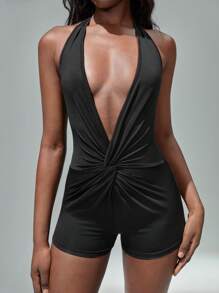 TRNVIE Primavera Novo Preto Casual Elegante Senhoras Profundo Decote Em V Frente Torcida Bodycon Elástico Confortável Macacão - Preto - Ver 5