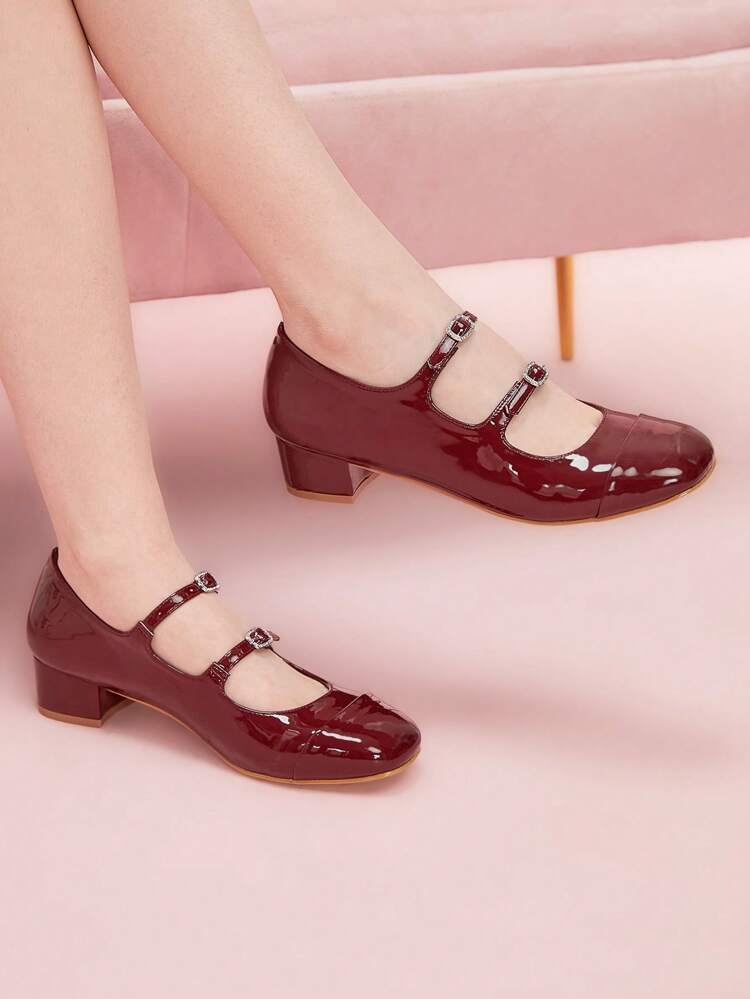 CUCCOO DOLLMOD Sapatos de Salto Alto Mary Jane com Salto Grosso, Estilo Universitário Vintage Roupas Preppy, Cor Vinho Tinto, Versátil para Visuais Doces