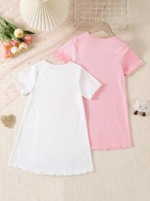 2pcs/Pack Girls Lash Print Heart Pattern Soft Round Neck Short Sleeve Long Nightgown Loungewear - Pink - View 2