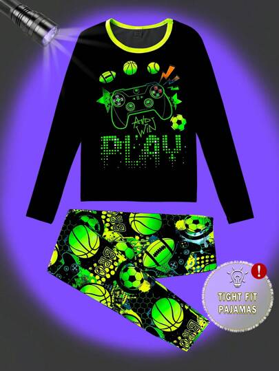 2 Piece Sets Snug Fit Night Wear Kids Tween Boy Minimalist Sporty Football Print Pants And Long Sleeve Top With Game Elements Print, Snug Fit Casual Homewear Pajama Set .This Product Requires UV Light Exposure To Glow.