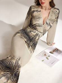 Modelyn Leopard Print Tight Fitted Sexy Long Sleeve Bodycon Dress For Women - Apricot - View 2