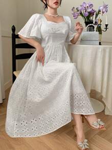 DAZY 女士方领荷叶边袖褶饰中长连衣裙