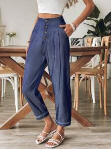 SHEIN LUNE Calças casuais femininas com bolso frontal e botões de cor sólida - Azul marinho - Ver 3