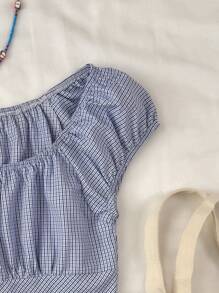 SHEIN Teen Girl Plaid Round Neck Loose Casual Short Sleeve Blouse