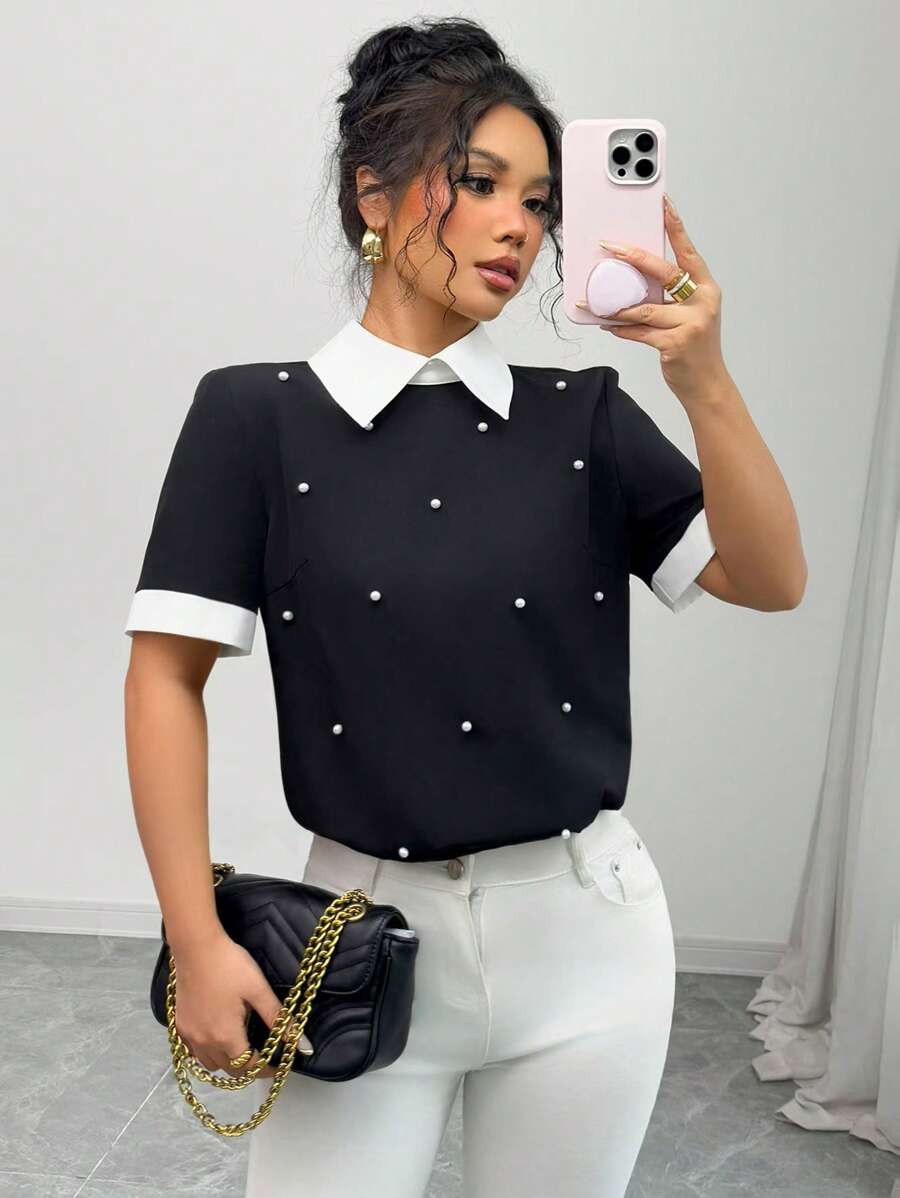 Elenzga Women's Colorblock Studded Collar Short Sleeve Blouse, Spring/Summer