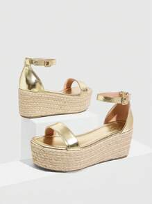 CUCCOO SZL Women's Stylish Gold Metallic Materials Strap Ankle Strap Jute Rope Platform Wedge Heel Sandals, Suitable For Commute, Dating, Party, Holiday - Gold - View 10