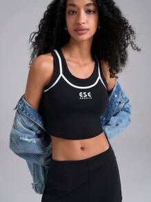 Easelle Top de tirantes de ajuste ceñido con efecto de absorción de humedad y contraste de color negro y blanco, informal y deportivo, para primavera/verano
