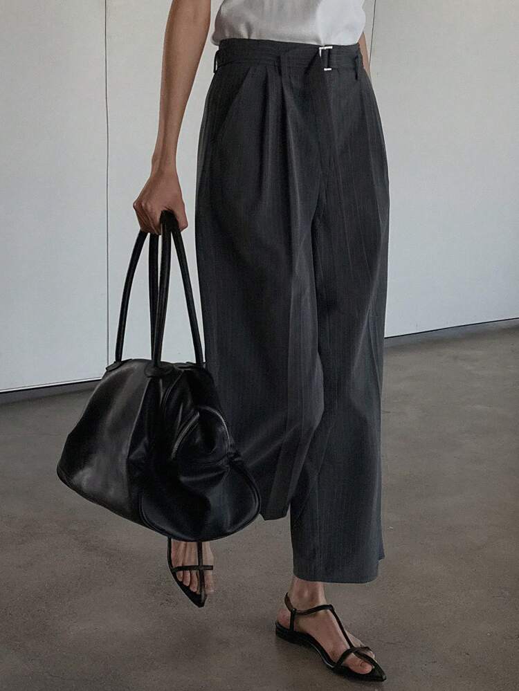 Women Striped Straight Leg Pants With Belt & Pockets, Elegant Casual Trousers For Summer