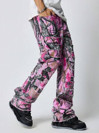 Grunge Punk Men's Branch Print Pocket Fashionable Denim Jeans