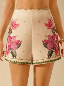 CAJUNI 女士彩色波西米亚风花卉和植物印花迷你短裤，夏季休闲海滩度假短裤 - 彩色 - 查看 6