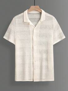 Manfinity Homme Men's Casual Single-Breasted Textured Short Sleeve Shirt Beach Vacation - White - View 1