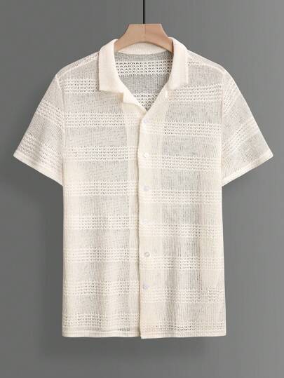 Manfinity Homme Men's Casual Single-Breasted Textured Short Sleeve Shirt Beach Vacation