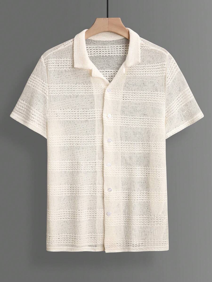 Manfinity Homme Men's Casual Single-Breasted Textured Short Sleeve Shirt Beach Vacation - White - View 1