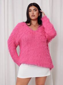 SHEIN EZwear Plus Size Women's Fuzzy Knit Pullover Sweater Dress, Daily Casual And Lightweight Party Wear, Autumn/Winter - Pink - View 7