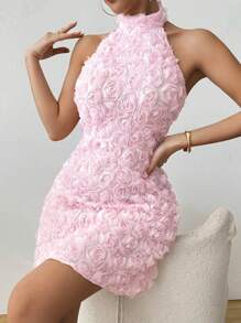 SHEIN Clasi 女士粉红玫瑰印花露背收腰修身宴会礼服 - 粉色 - 查看 4