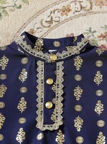 2pcs Tween Boys Traditional Arabic Ramadan Ramadan Robe Shirt & Long Pants Set - Black - View 6