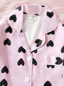 2 件圣诞心形图案女童休闲柔软面料长袖睡衣套装